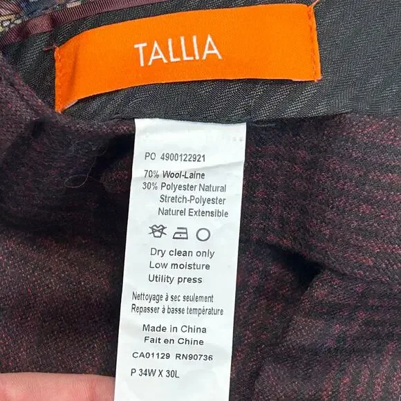 Talia Orange Men's Wool Blend Stretch Dress Pants NWT 34x30 Burgundy Navy Plaid